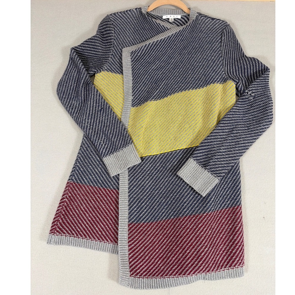 Cabi 467 Colorblock Cotton Knit Longline Cardigan Sweater Navy Yellow Red Medium